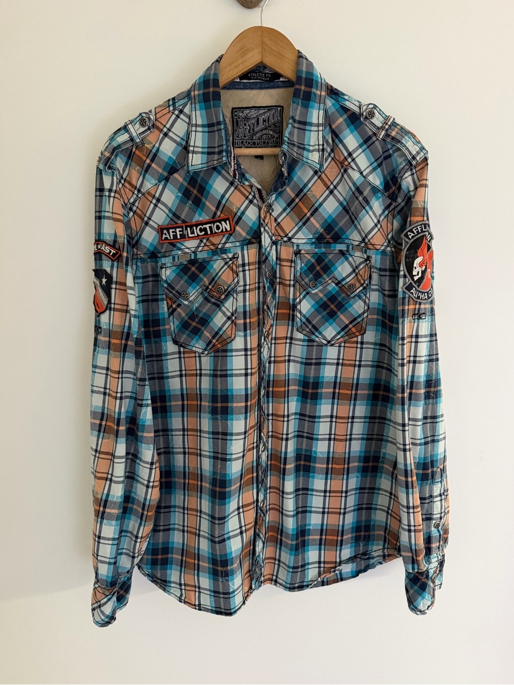 Affliction Black Premium Plaid Patch Button Up Shirt Men’s L
